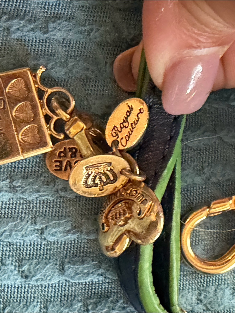 Juicy Couture Green and Black Leather Strap small dog leash with Gold Charms